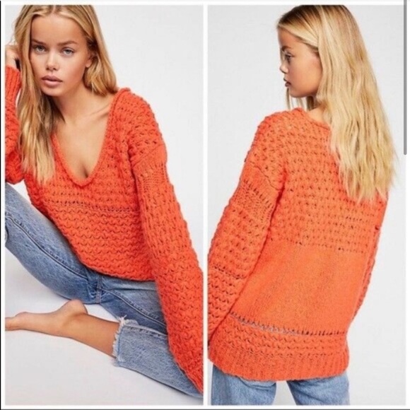 Free People Sweaters - Free People Crashing Waves Orange Knit Oversized Sweater Sz Small
